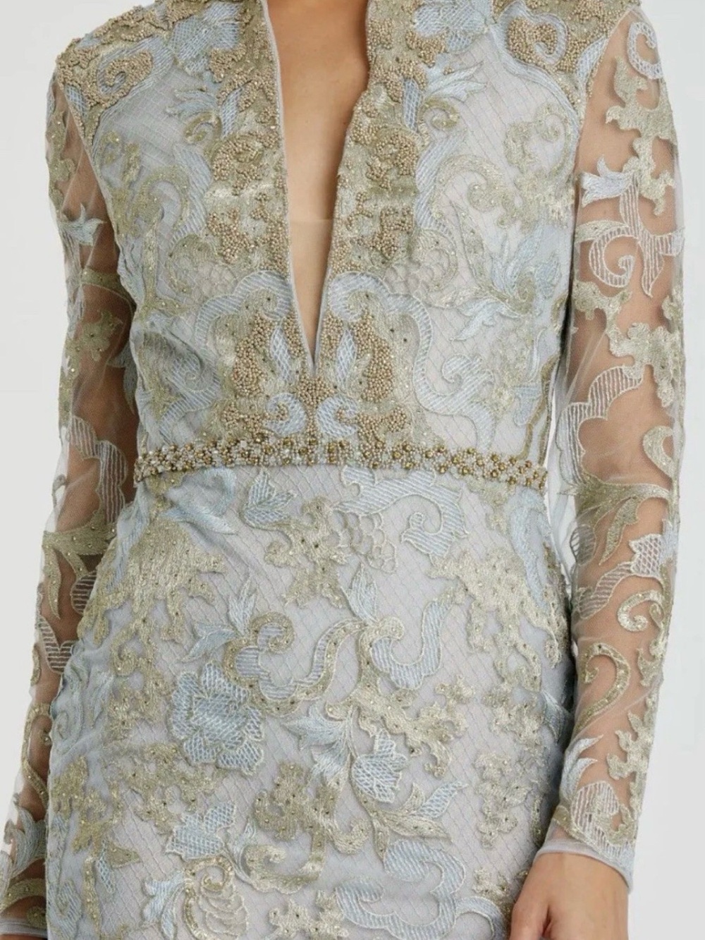 Mac Duggal Pale Blue and Gold Embroidered Deep V Long Sleeve Gown